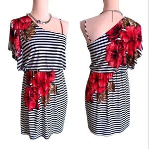 Y2K Red White Black Striped Floral One Shoulder Mini Dress Large